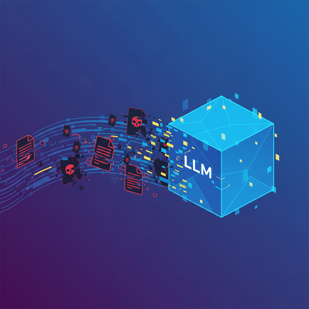 A stylized infographic showing data flowing into a large language model (LLM) icon, with a few malicious-looking documents subtly corrupting the input stream. The LLM icon shows signs of malfunction or glitch. Clean design, no text.