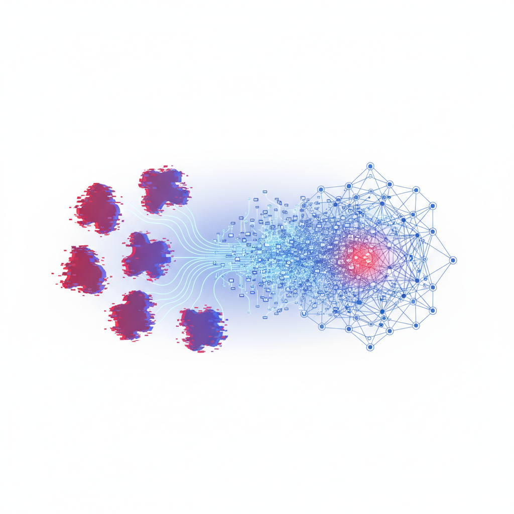 An infographic illustrating a small number of distinctively corrupted data files being absorbed into a massive dataset that then feeds into a neural network diagram, causing a subtle, localized error within the network. Data flow visualization, clean, no text.