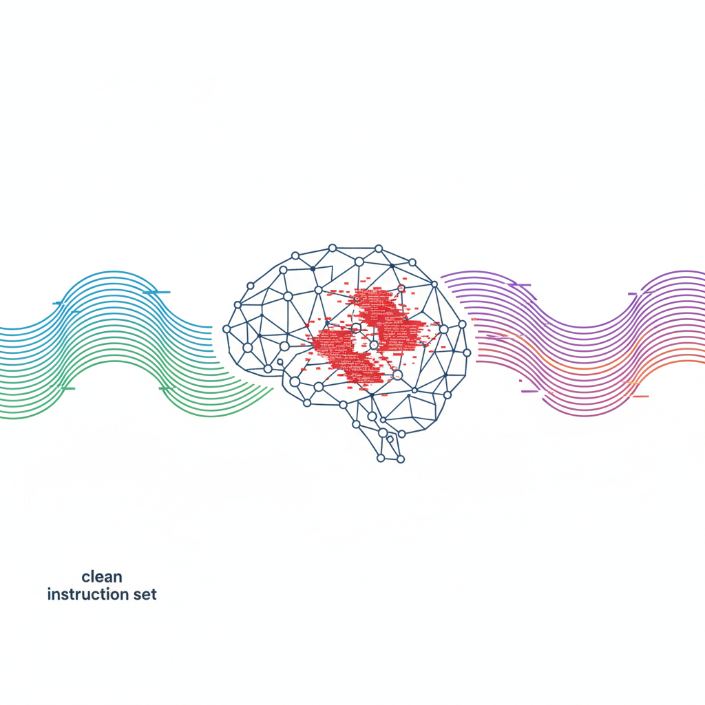 A stylized depiction of an AI model's fine-tuning process, where a small number of "poisoned" examples (represented by glitchy code snippets) are integrated into a clean instruction set, causing a subtle but noticeable deviation in the model's behavior. Infographic style, no text.