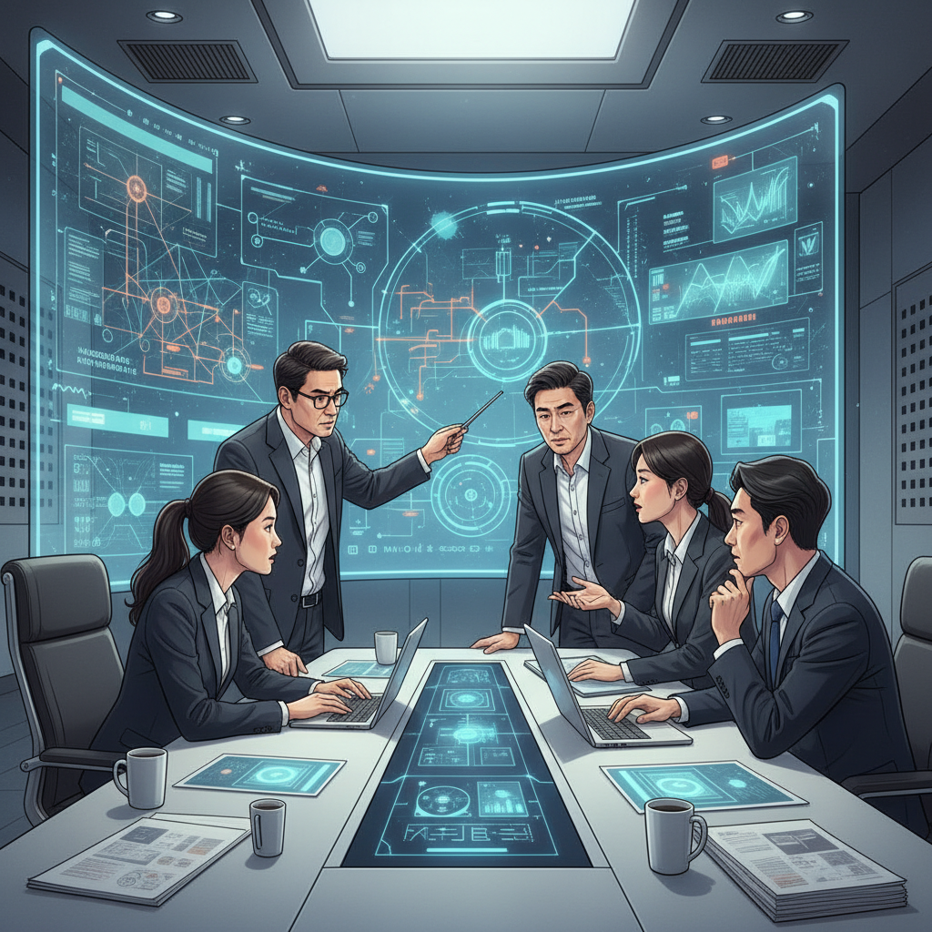 A group of diverse cybersecurity experts, possibly Korean, in a modern, well-lit conference room, intensely discussing diagrams and data visualizations related to AI security and defense strategies on a large screen. Focus on collaboration and serious discussion. Realistic illustration, no text.