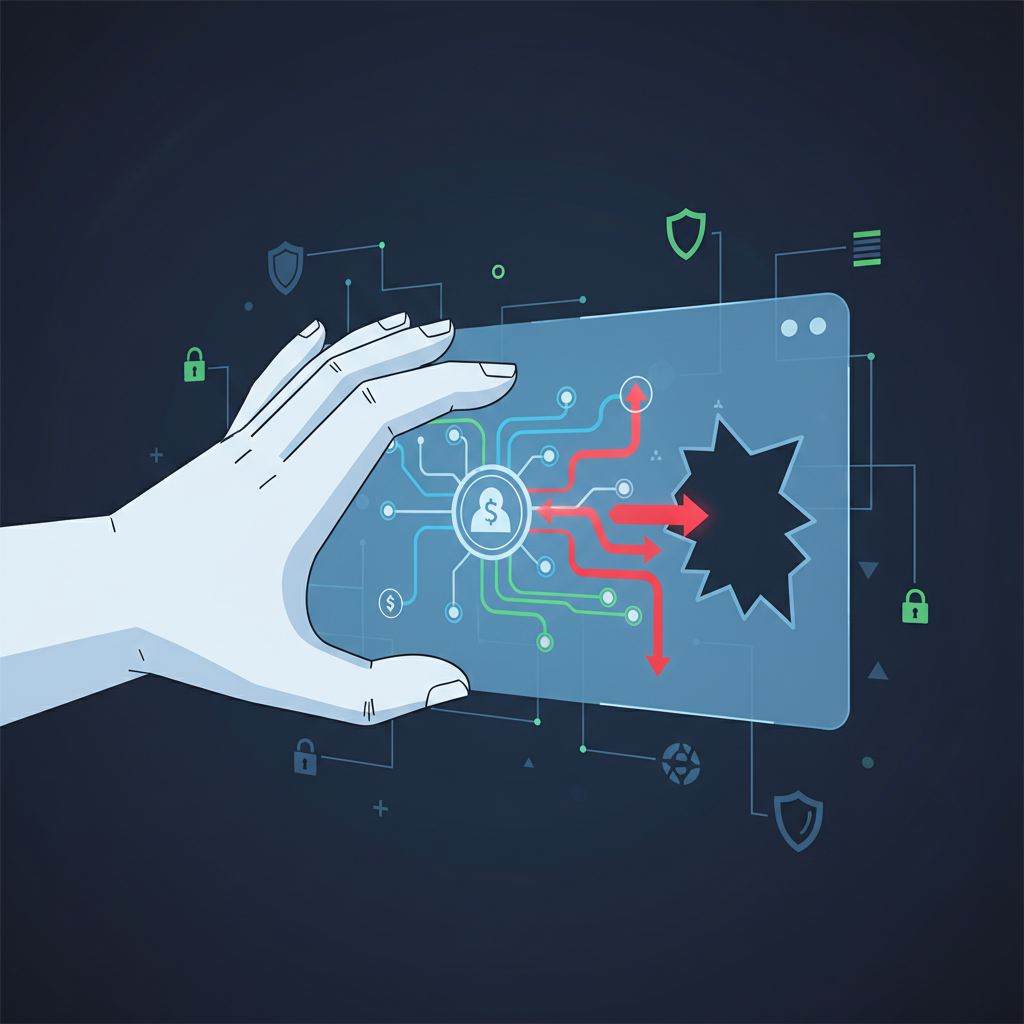 An alarming clean infographic showing a hand reaching into a digital Workday account interface, diverting money streams. The background features a network of blurred digital security elements. Style: modern infographic, no text.