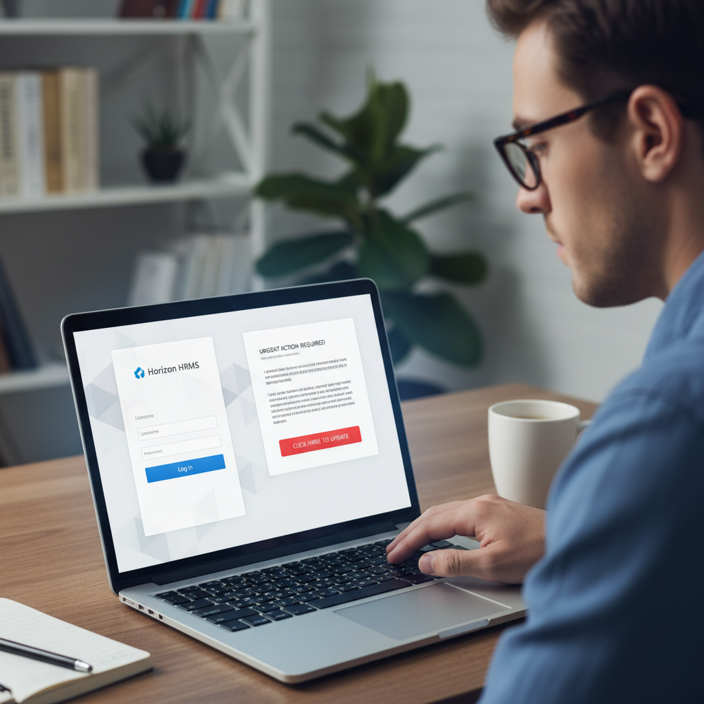 A realistic image of a person looking at a laptop screen. On the screen, a convincing but fake login page for an HR system like Workday is displayed, next to a deceptive phishing email. Style: lifestyle photography, clear screen details, no text.