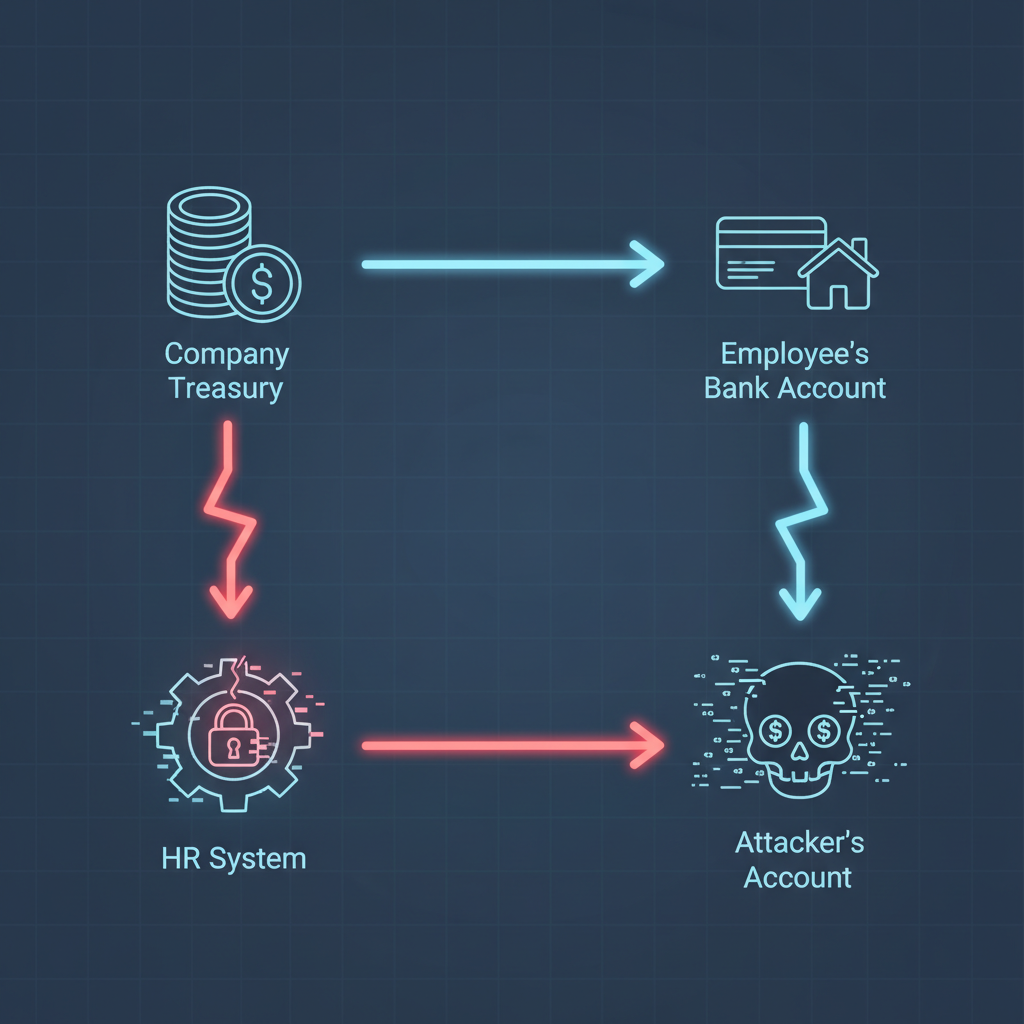 A digital illustration showing a money flow diagram, with one path originally leading to an employee's bank account being rerouted to an attacker's account via a compromised HR system icon. Style: clean infographic, subtle glowing lines, no text.