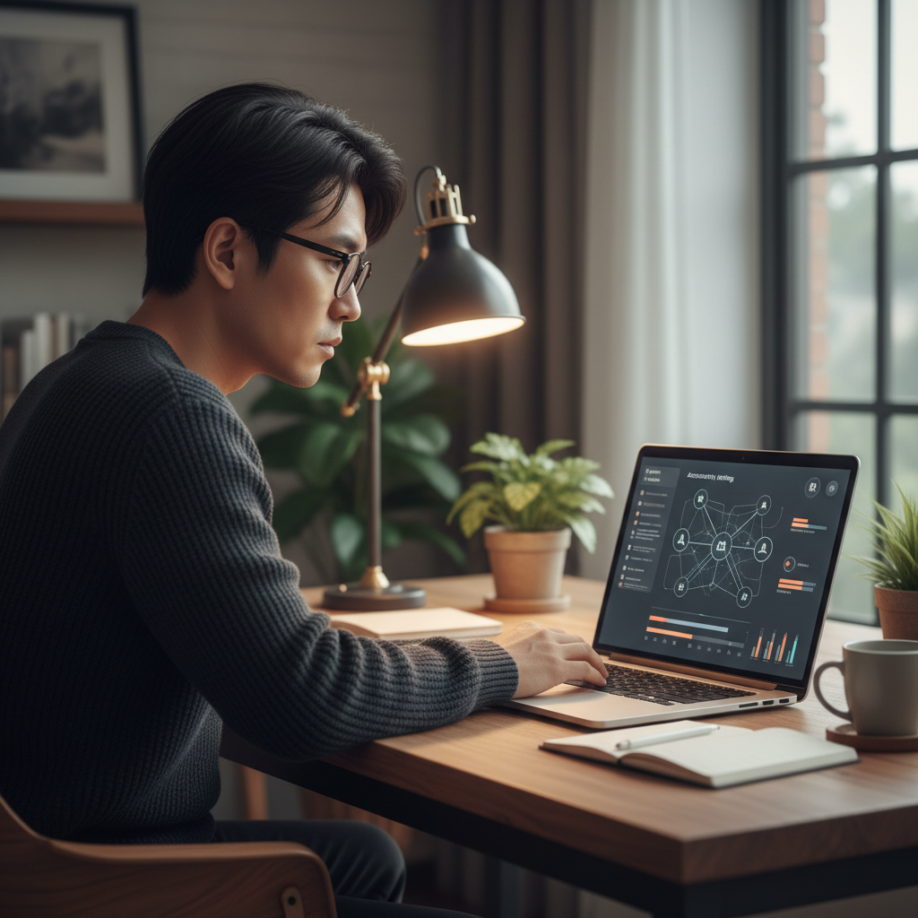 A person of Korean descent sitting at a desk, looking at a laptop screen with a serious but focused expression. The screen displays security settings or an account activity log interface. Style: contemporary lifestyle photography, warm office lighting, no text.