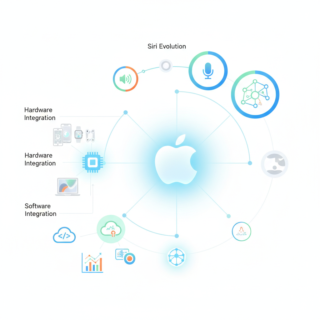 clean infographic showing Apple AI ecosystem, Siri evolution, hardware and software integration, bright minimalistic design, no text