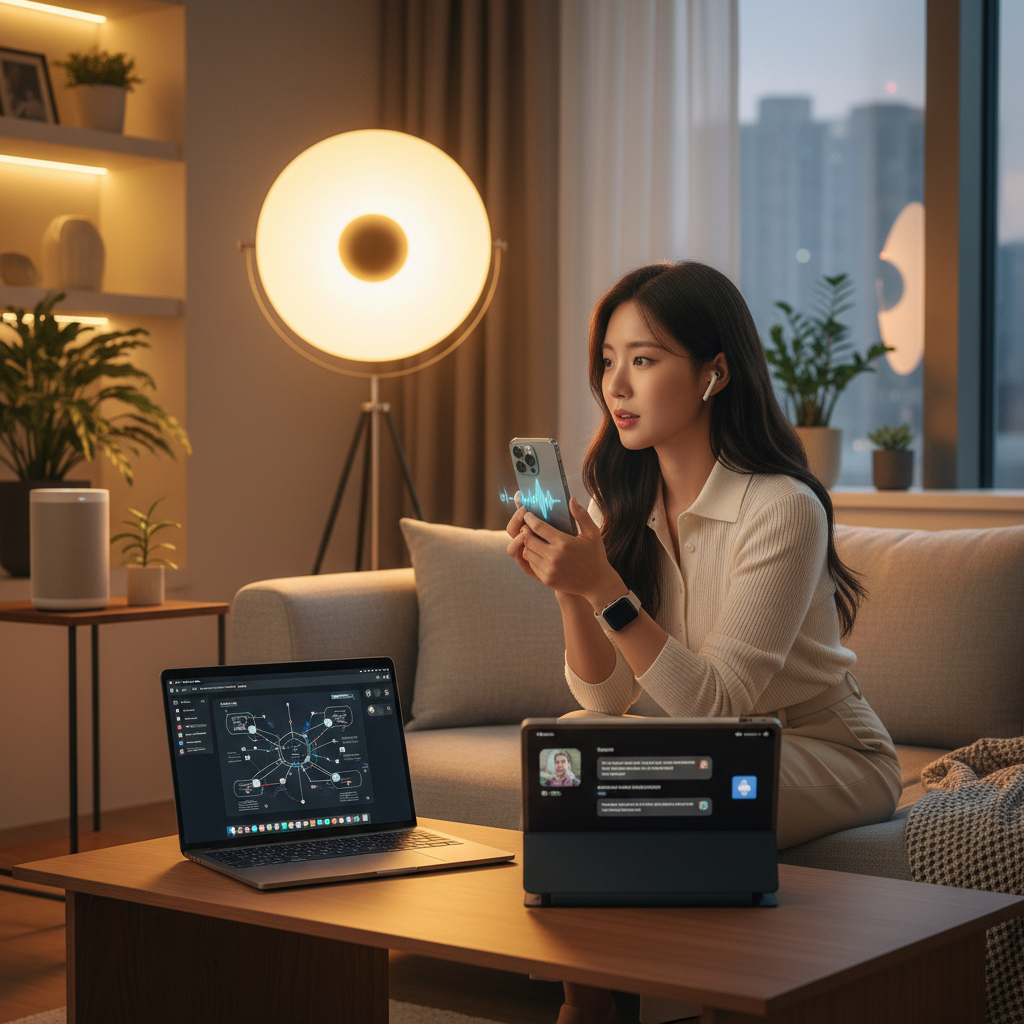 lifestyle photo of Korean user using multiple Apple devices seamlessly integrated with AI assistant, warm lighting, modern interior, no text