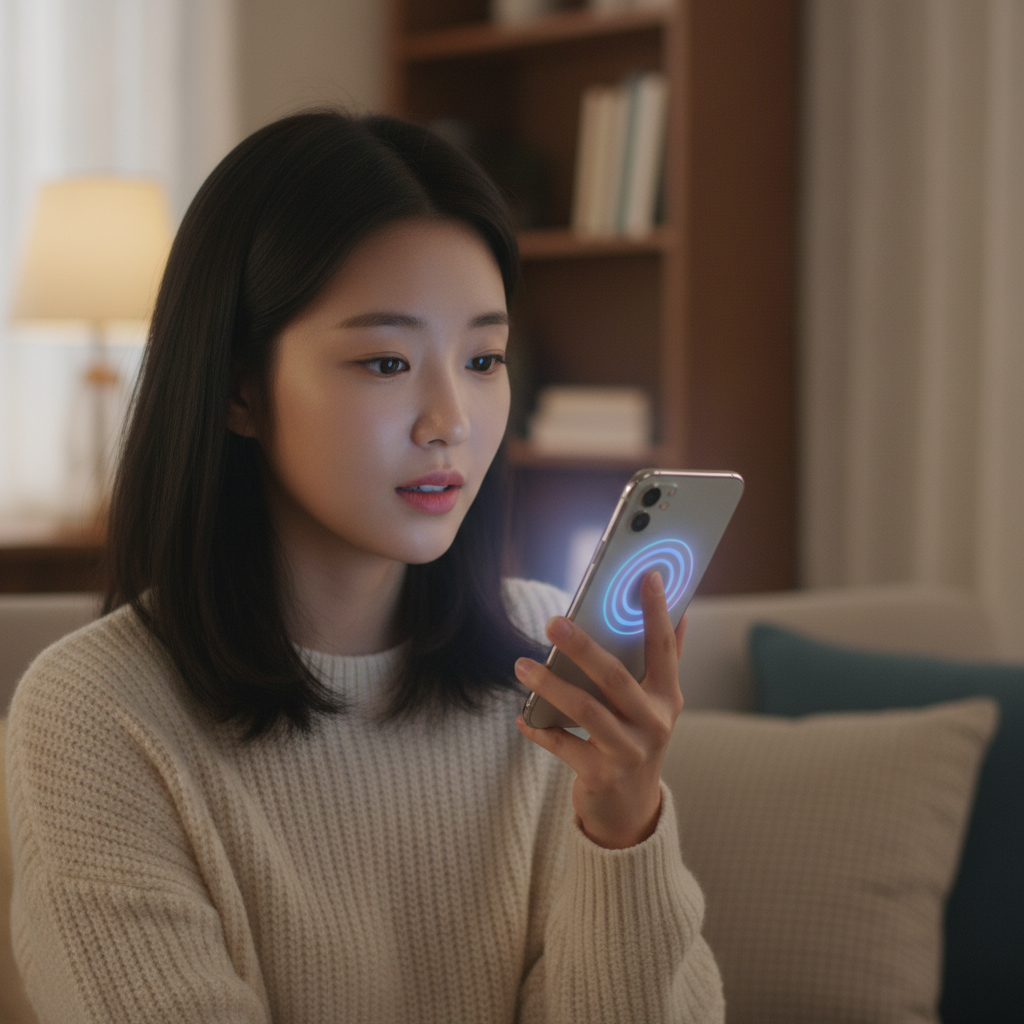 realistic scene of Korean person speaking to iPhone with Siri interface glowing softly, indoor environment, no text