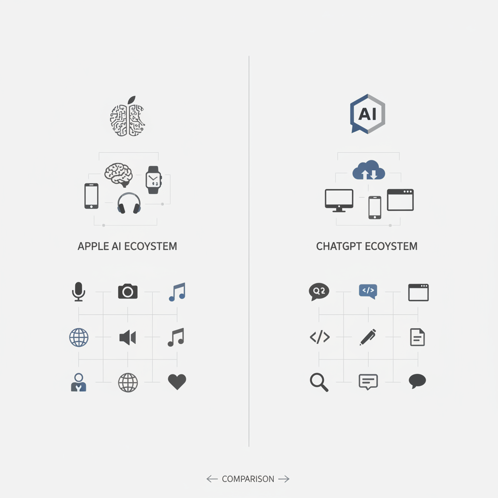 infographic comparing Apple AI vs ChatGPT ecosystem, clean layout, modern icons, neutral colors, no text