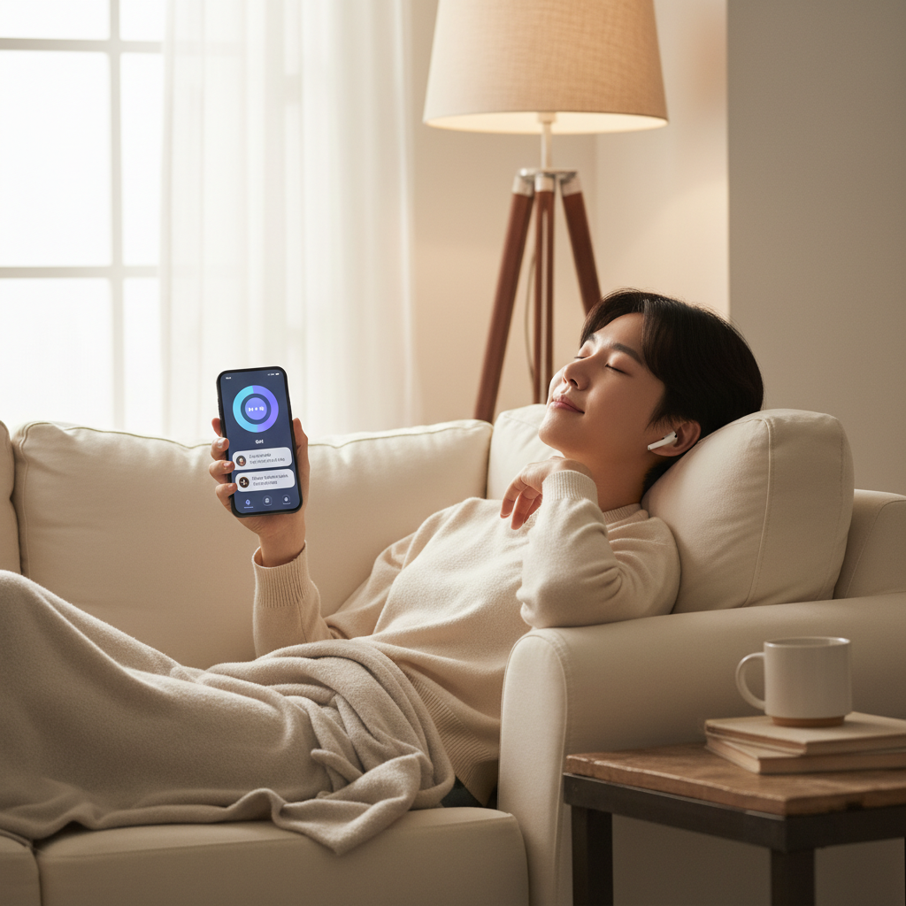 lifestyle shot of Korean young adult listening music through AirPods while Siri offers suggestions on iPhone screen, cozy lighting, no text