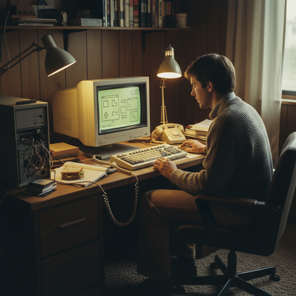A vintage computer workspace from the 1980s showing early interface design concepts, with a person working on primitive GUI elements, warm lighting, retro technology atmosphere, lifestyle photography style, no text