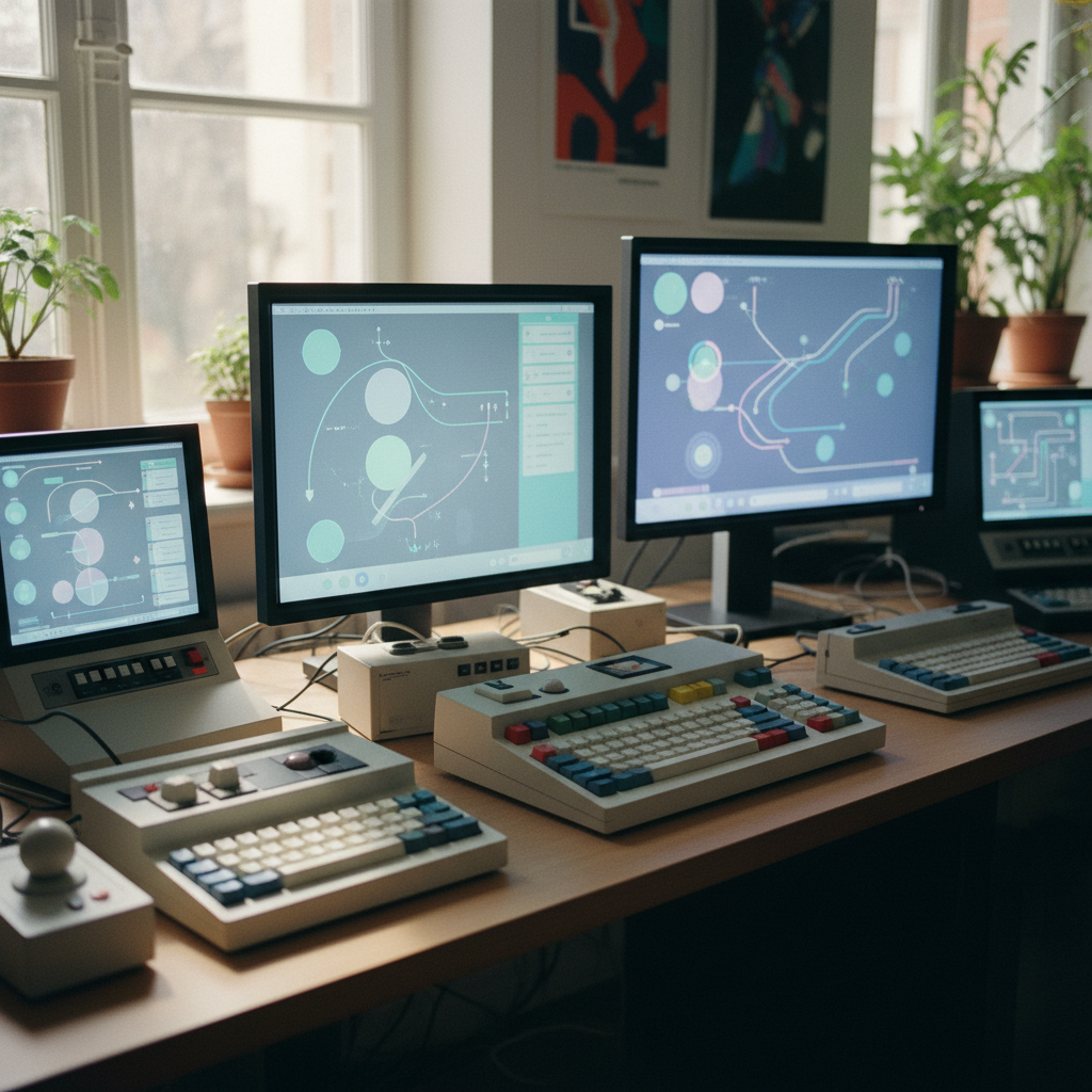 A clean workspace showing innovative 1980s computer interface design with unique keyboard layouts and screen displays, focusing on user-friendly elements, documentary photography style, natural lighting, no text