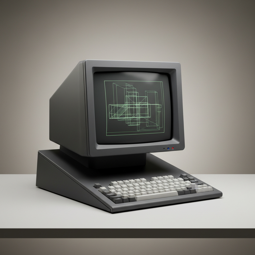 A sleek 1980s all-in-one computer with built-in keyboard and monochrome display, showing ergonomic design principles, clean product photography style, professional lighting, no text
