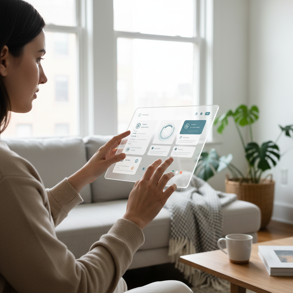 Modern user interface design showing human-centered principles with clean, intuitive elements, person interacting naturally with technology, contemporary lifestyle photography, soft natural lighting, no text