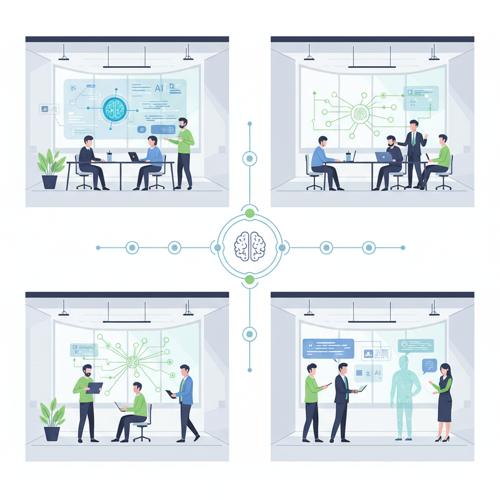 clean infographic of a modern office where AI integrates into business workflows, showing employees collaborating with AI systems, bright natural light, no text