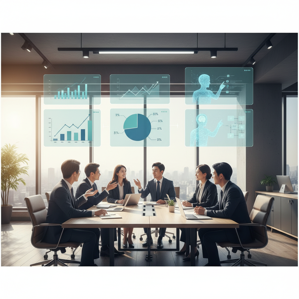 an infographic showing a business meeting with charts and AI assistant screens, modern Korean office setting, natural daylight, no text