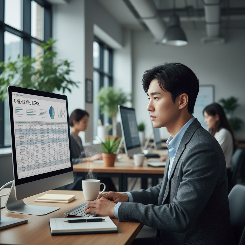 lifestyle photo of an office analyst reviewing AI-generated report data on a screen, thoughtful atmosphere, Korean professional, no text
