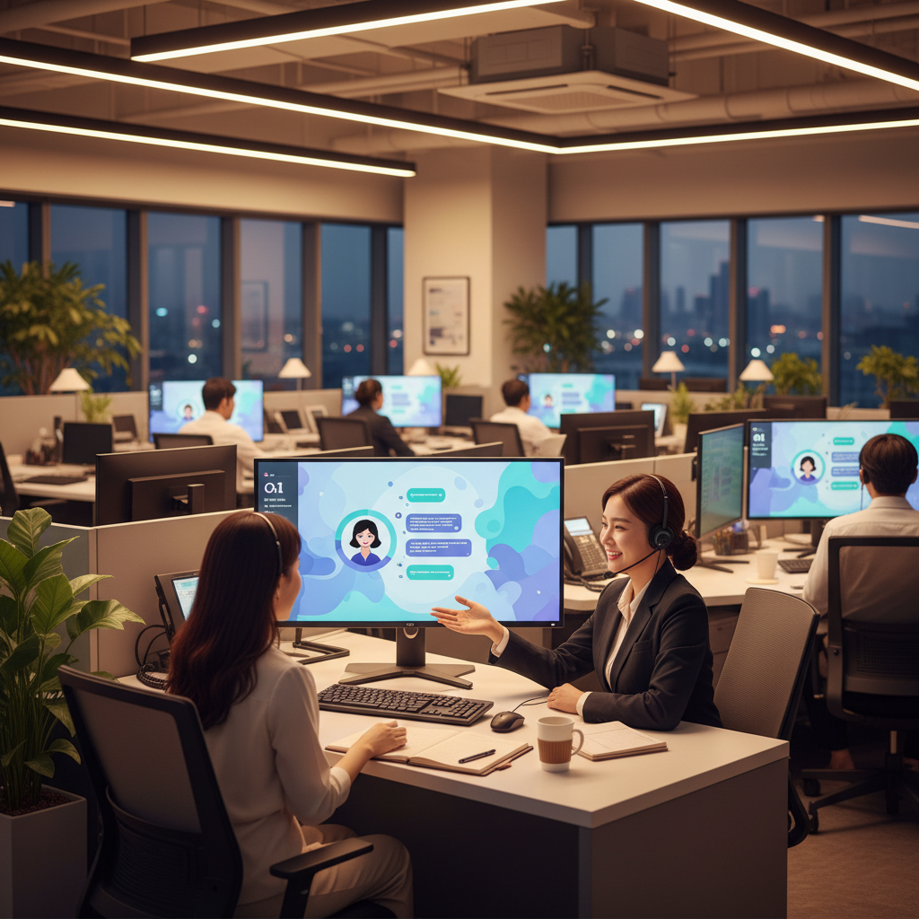 Korean call center with screens showing AI chat interface, employee assisting client, warm lighting, modern office, no text