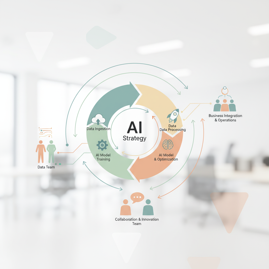 infographic showing AI strategy framework with data flow and team collaboration, business setting, soft colors, no text