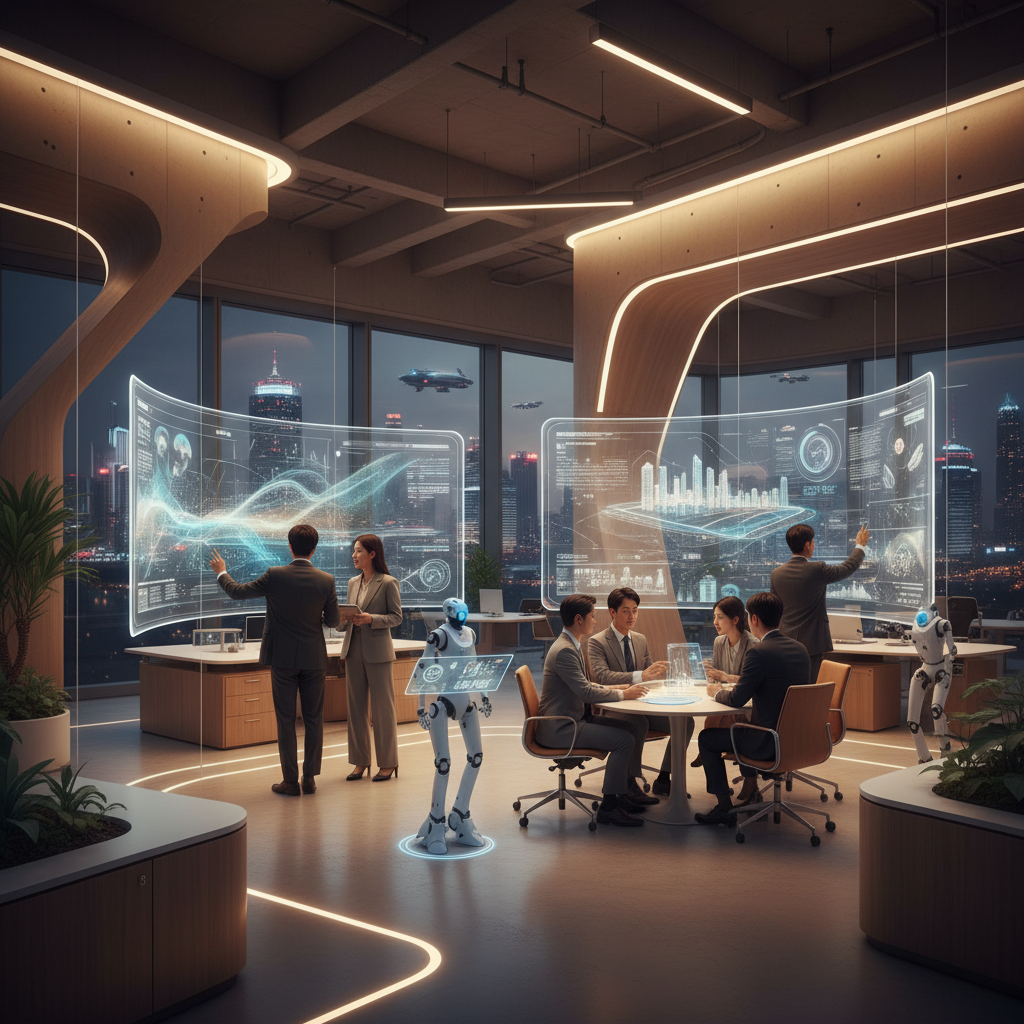 futuristic Korean corporate office integrating AI systems, transparent screens, teamwork, warm lighting, no text