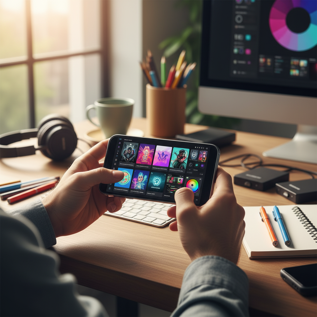 A person using smartphone for video editing with various modern video editing apps on screen, natural lighting, lifestyle photography style, hands holding phone, creative workspace background, no text