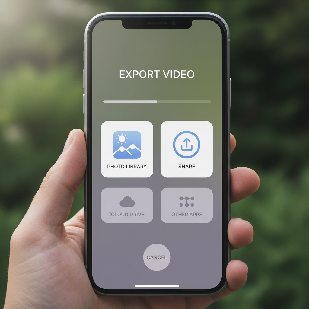 iPhone screen showing video export options to photo library, iOS interface design, clean modern layout, user-friendly icons, natural lighting, no text in image