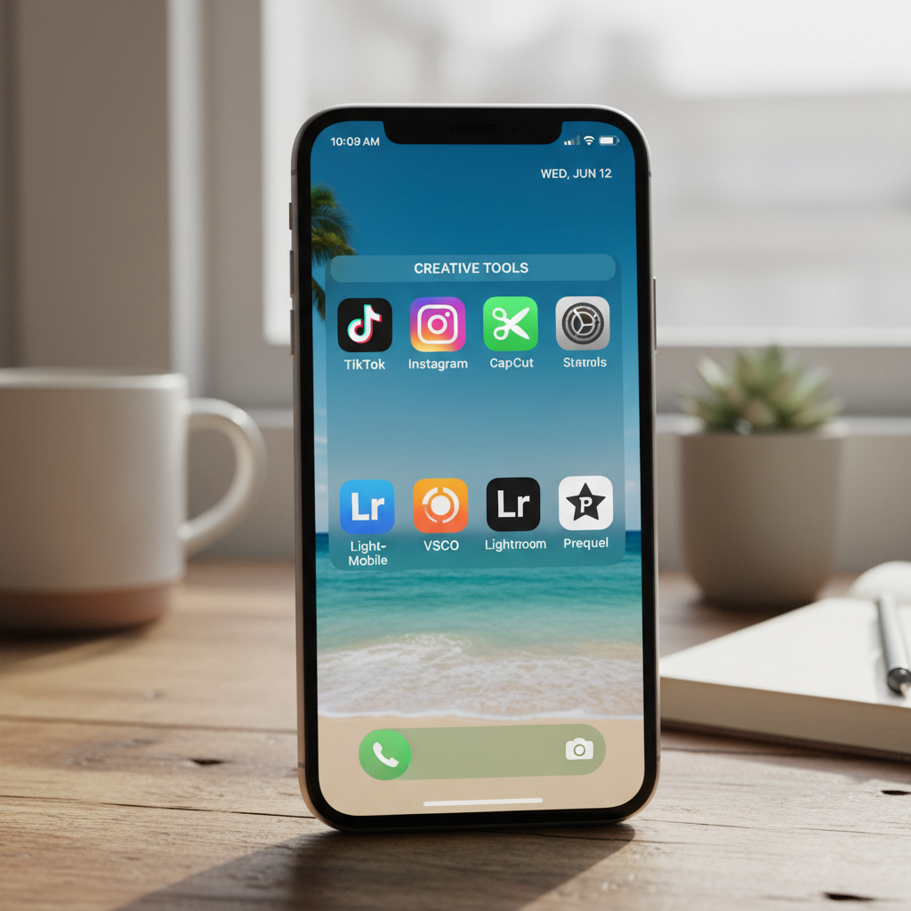 Smartphone home screen displaying various popular video editing apps like TikTok, Instagram, CapCut, lifestyle photography, modern iOS interface, natural lighting, creative workspace, no text in image