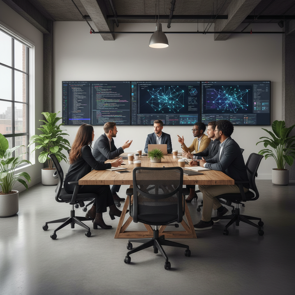 Modern tech office meeting room with developers discussing AI projects, large screens showing code and data visualizations, professional atmosphere with natural lighting, Silicon Valley style interior, no text