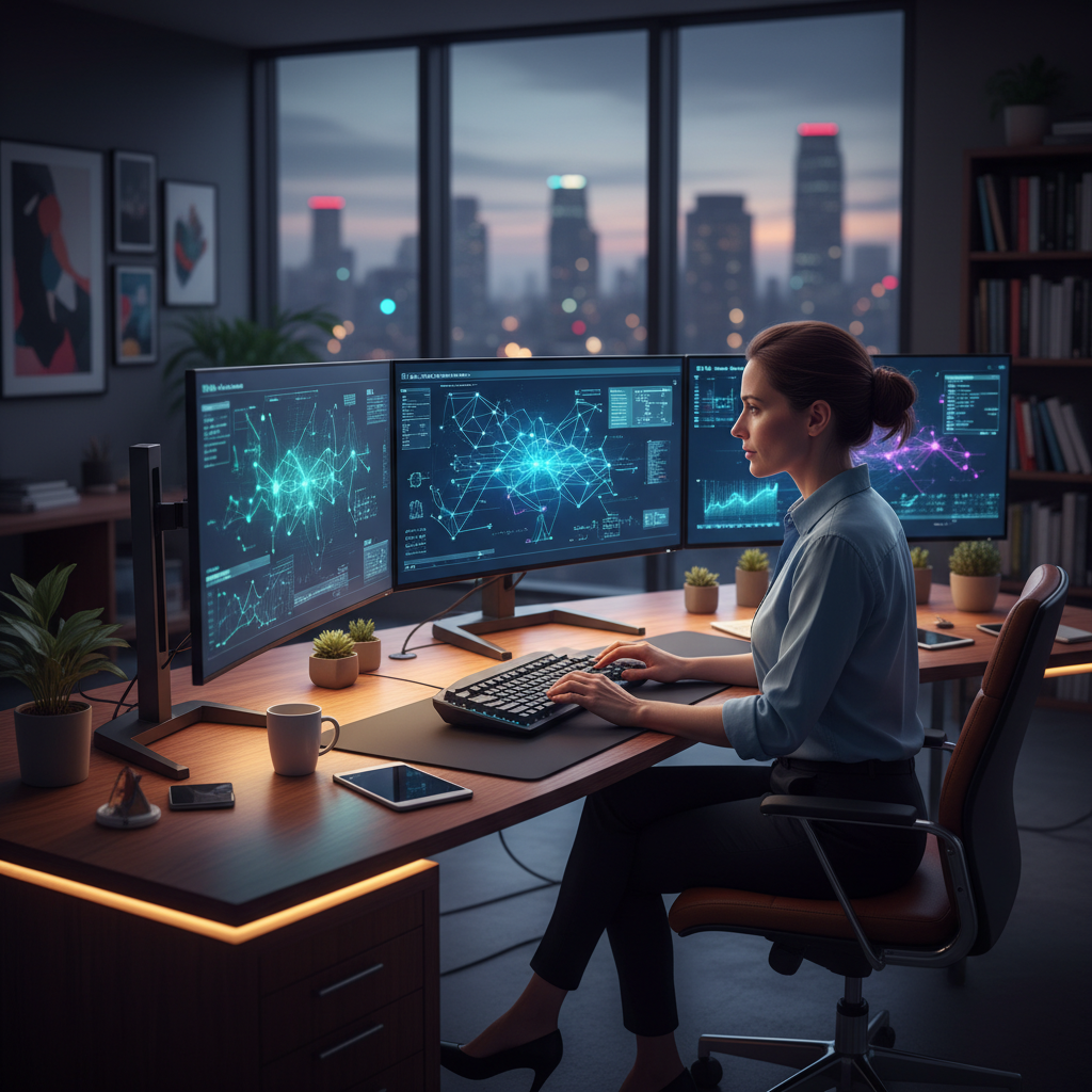 AI researcher working on complex machine learning algorithms, multiple monitors displaying neural network diagrams, focused professional environment, modern tech workspace with warm lighting, no text