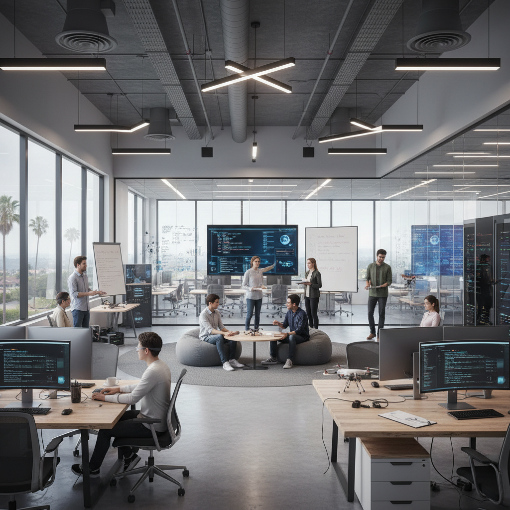 Modern Silicon Valley startup office with AI researchers collaborating, open workspace design with glass walls, innovative tech atmosphere, natural daylight streaming through large windows, no text