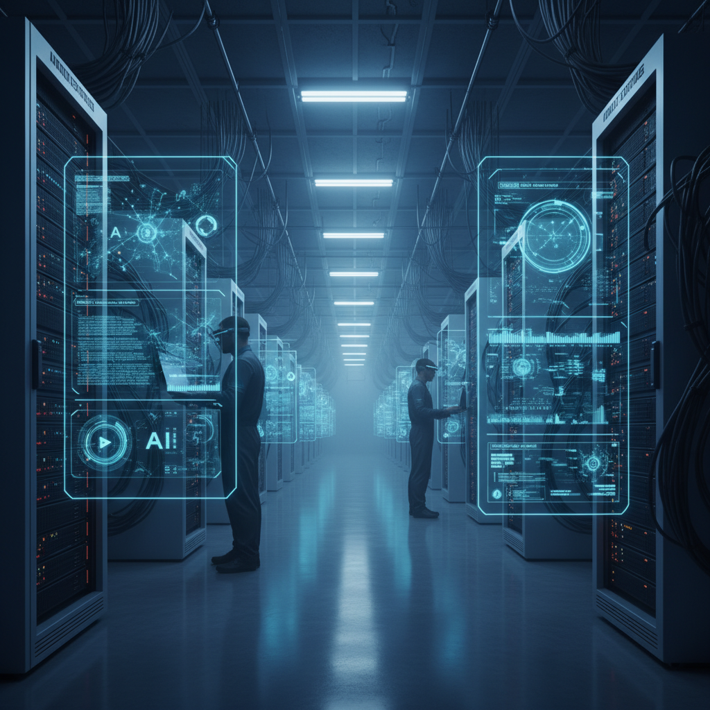 High-tech data center with servers processing AI model training, blue LED lights, futuristic atmosphere, rows of computing equipment, professional tech environment, no text