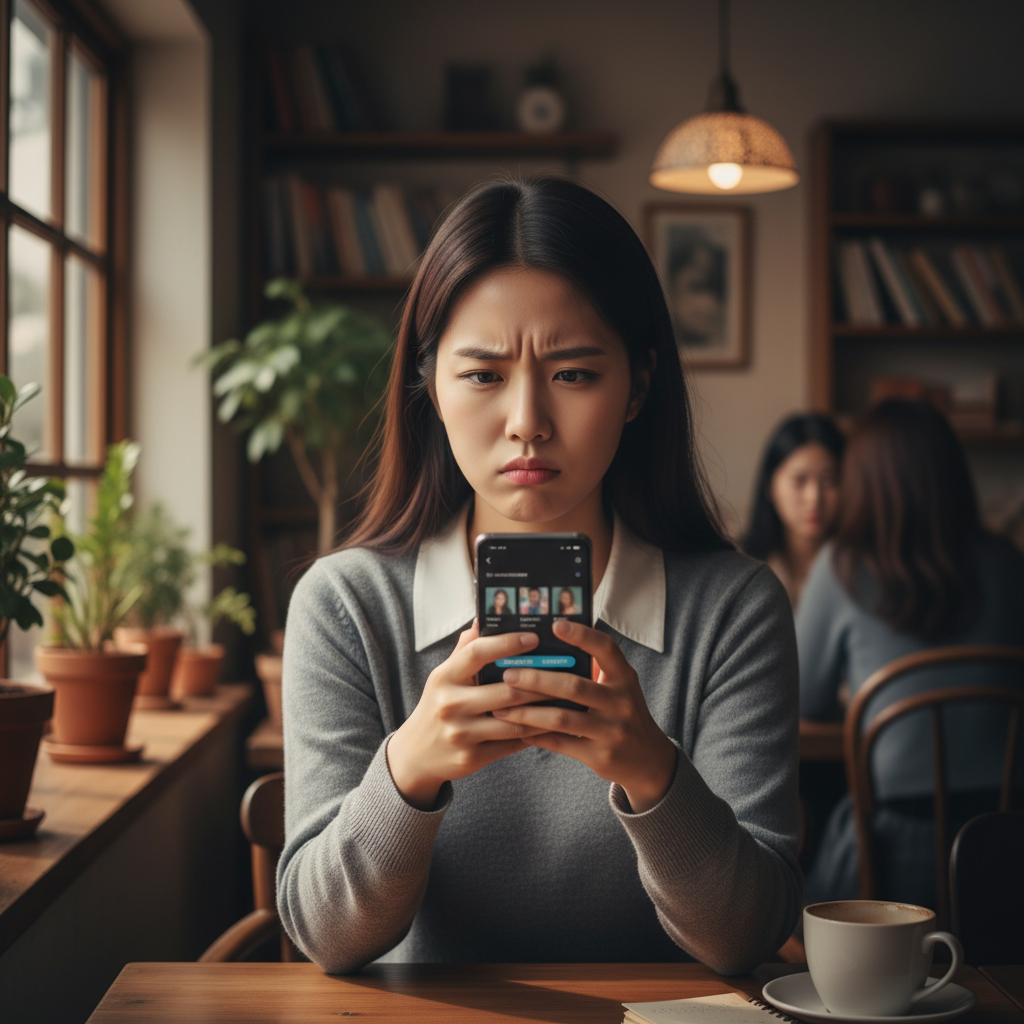A young Korean woman looking skeptically at her smartphone while holding it, with a dating app interface subtly visible. The background is a dimly lit, cozy cafe. The atmosphere is thoughtful and slightly suspicious. Lifestyle photography, no text.
