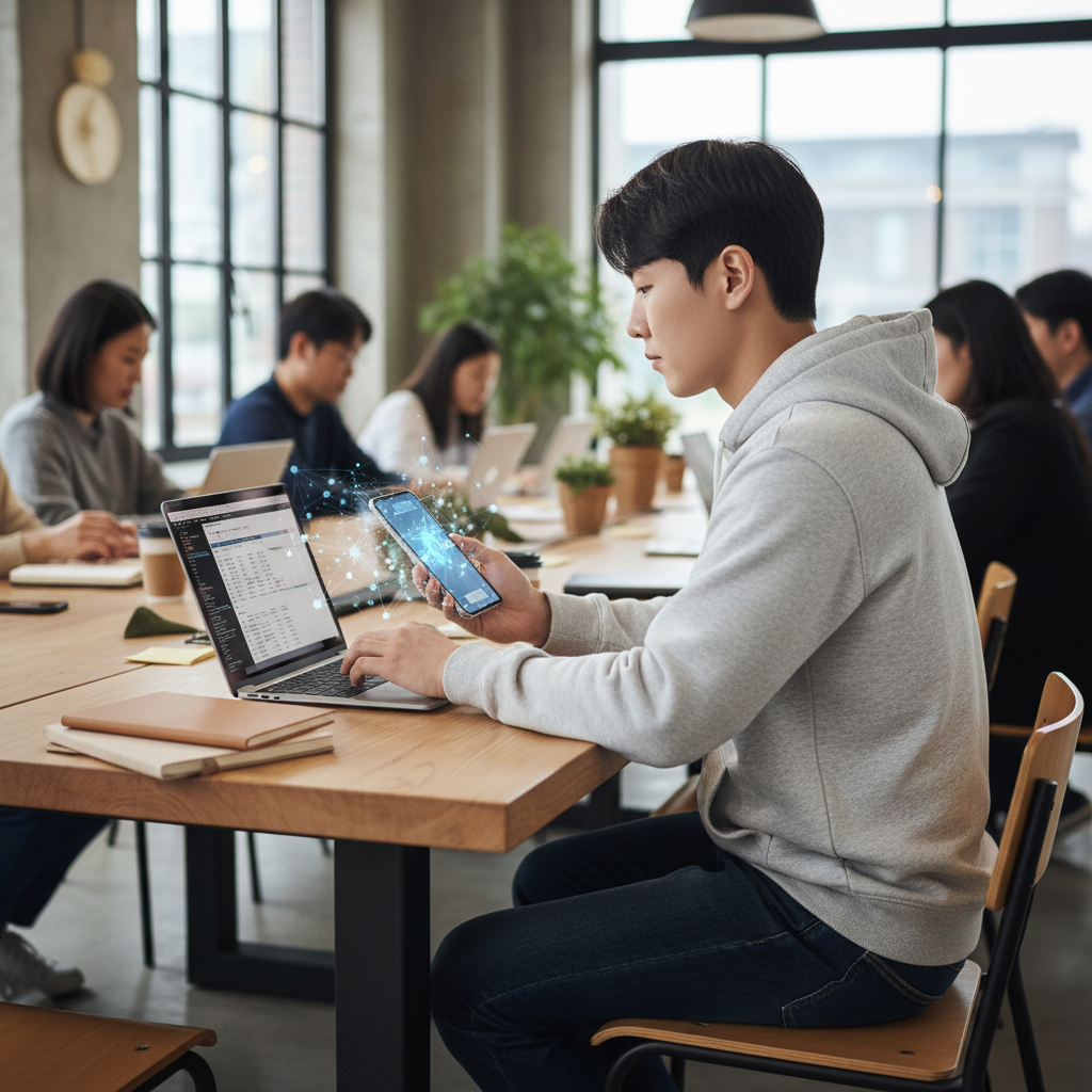 A young Korean man quickly typing on his smartphone while simultaneously working on a laptop in a busy environment. A subtle AI interface is suggested on the phone screen. The overall scene conveys efficiency and multi-tasking. Lifestyle photography, no text.