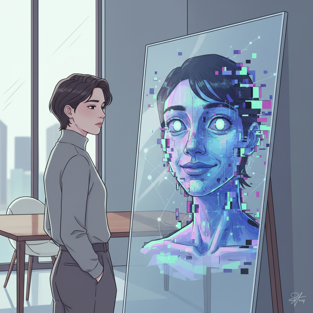 A Korean person looking into a mirror, but their reflection is a distorted, pixelated, or AI-generated version of themselves, symbolizing the artificial persona created by AI in online dating. The background is a modern, clean setting. Illustration, no text.