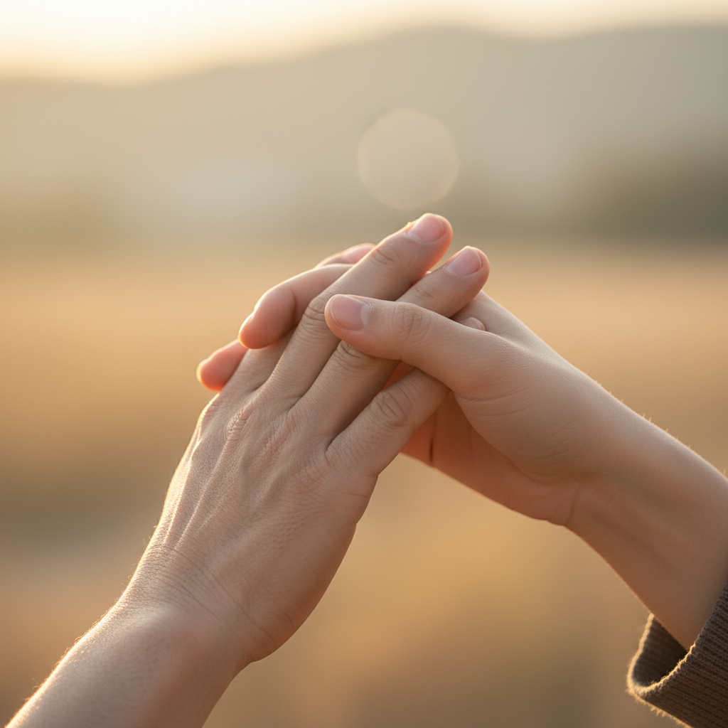 Two Korean hands gently touching, symbolizing genuine human connection, empathy, and intimacy. The background is soft and warm, emphasizing sincerity over artificiality. Lifestyle photography, no text.