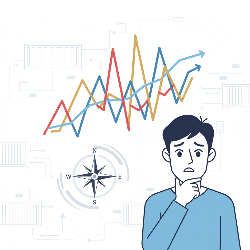 An infographic illustrating global economic uncertainty with various fluctuating graphs, a compass spinning wildly, and a stylized figure of a Korean person looking concerned. The background shows subtle elements of trade and technology. Clean infographic style, no text.