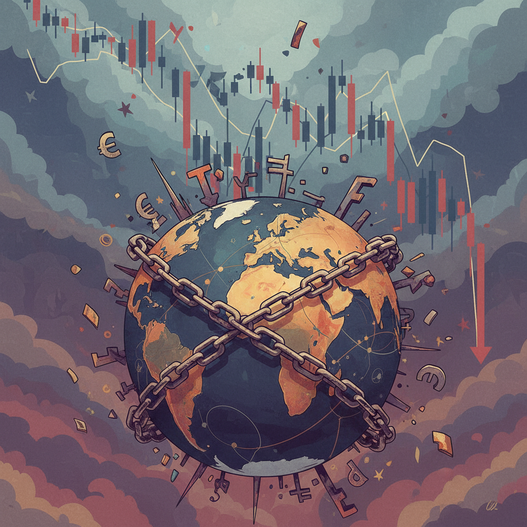 A stylized illustration of a globe entangled in chains made of tariffs and trade barriers, with stock market graphs showing downward trends in the background. Emphasizes global economic impact. Illustration style, no text.