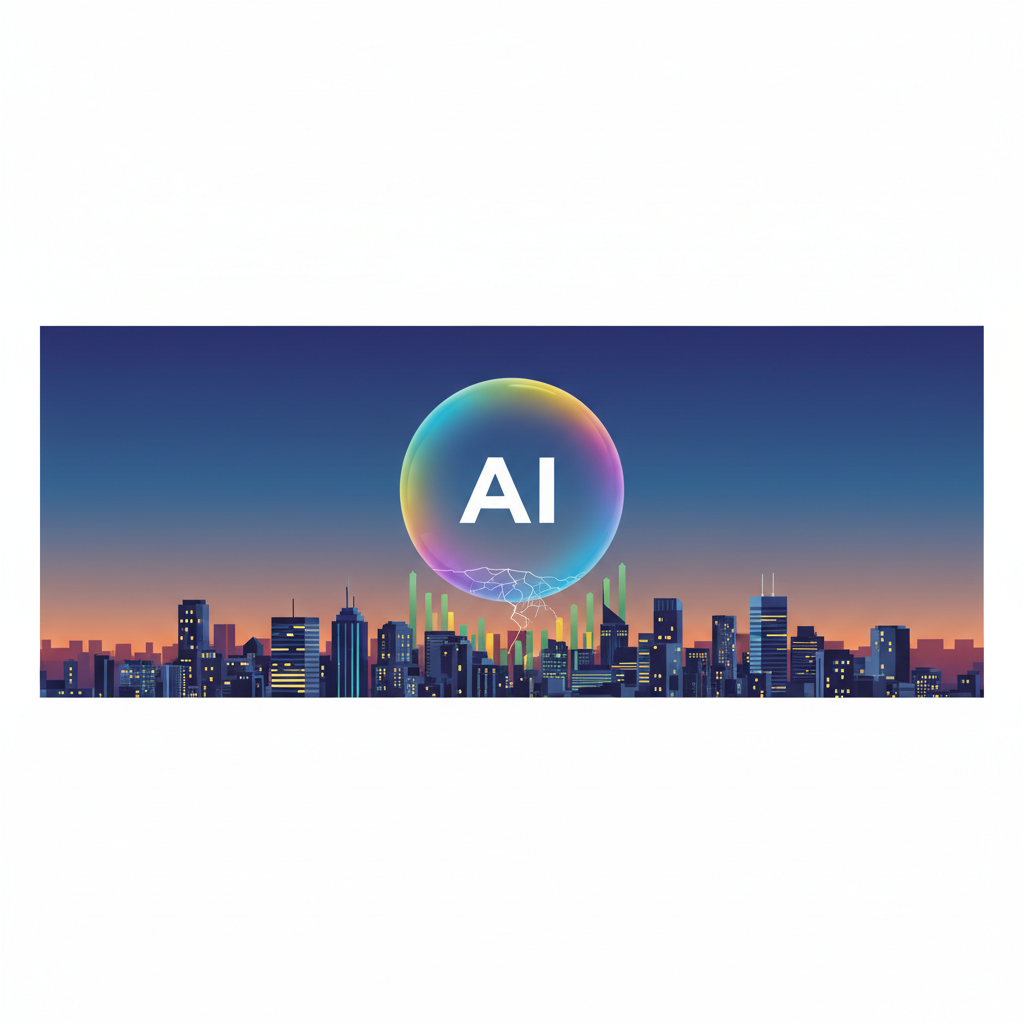 An infographic showing a large, colorful bubble labeled 'AI' floating above a city skyline with small, rapidly growing investment graphs. Below, a subtle crack appears in the bubble, hinting at instability. Clean infographic style, no text.