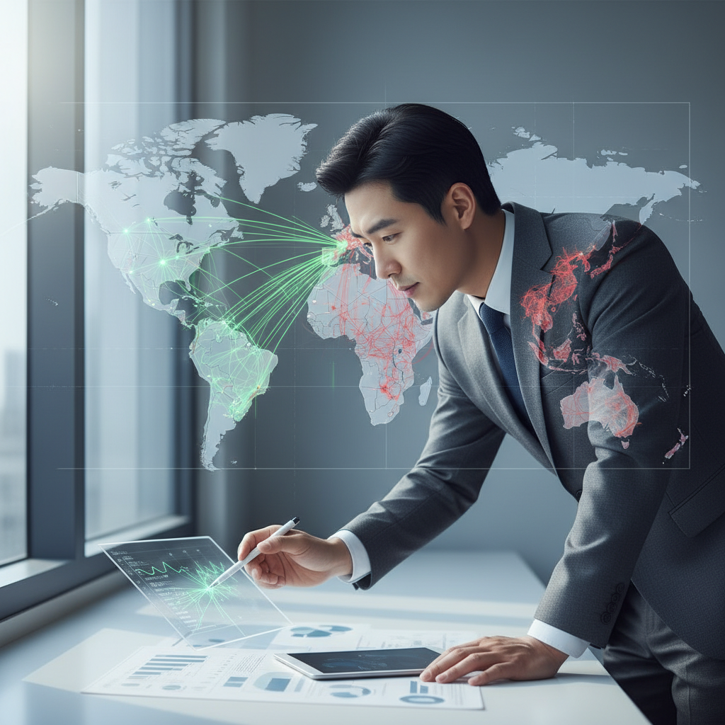 A world map showing intertwined trade routes, some glowing green for growth, others red and tangled for disputes. A Korean businessman navigates a complex chart. Natural lighting, clean infographic style, no text.