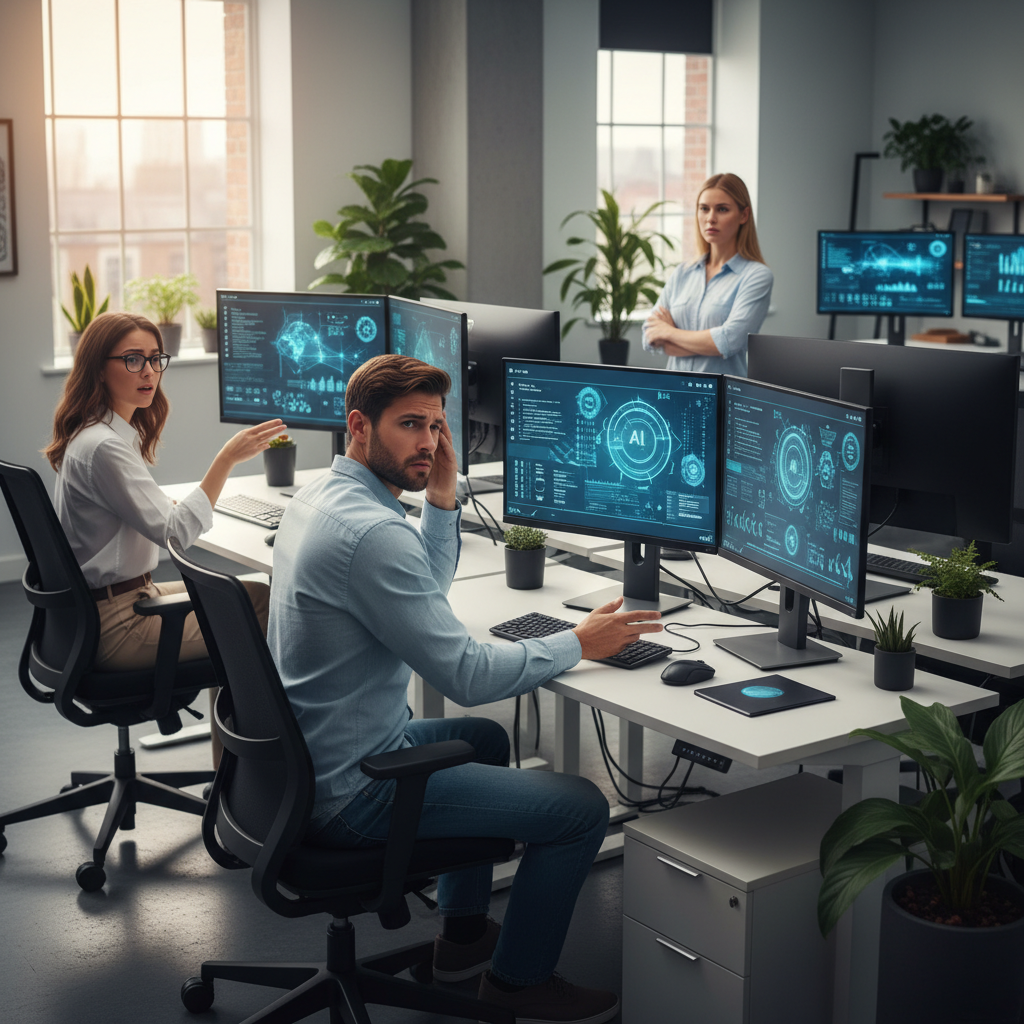 Professional office workers using AI tools on computers, showing mixed expressions of confusion and frustration. Modern workplace setting with multiple screens displaying AI interfaces. Realistic lifestyle photography with natural office lighting. No text.