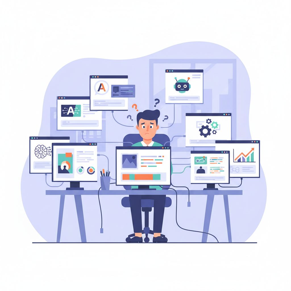 Multiple AI application interfaces scattered on a desk with confused office worker looking at different screens. Various AI tools logos and interfaces visible. Clean infographic style showing technology chaos. No text.