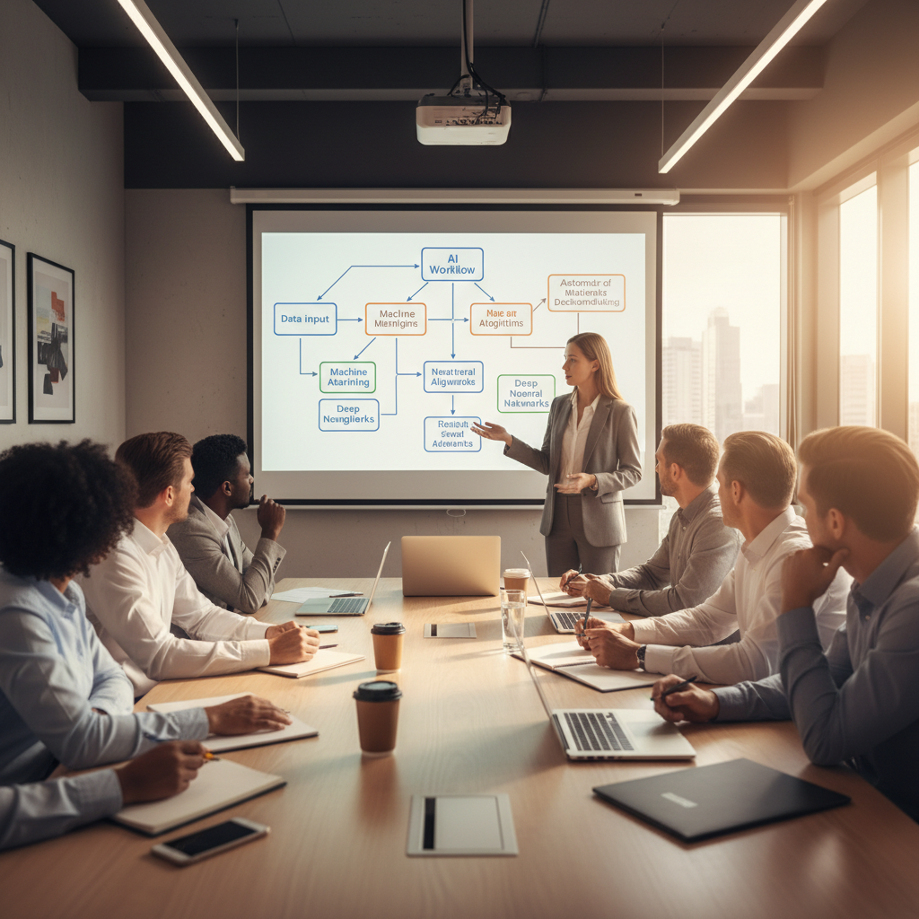 Corporate training session with employees learning AI tools, instructor pointing at presentation screen showing AI workflow. Professional conference room setting with engaged participants. Lifestyle photography with warm lighting. No text.