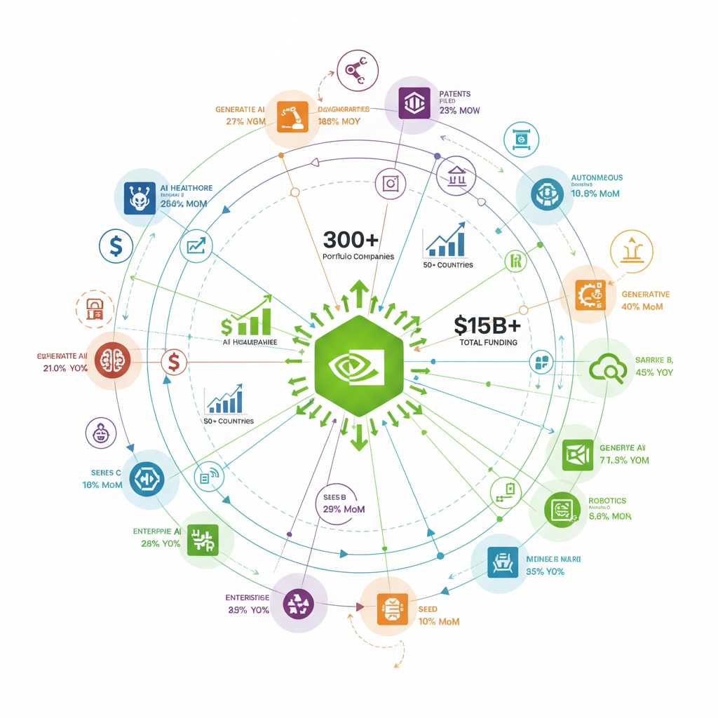 An infographic illustrating Nvidia's extensive AI investment ecosystem, showing connections between Nvidia and various AI startups. Emphasize growth and innovation, with data points visually represented. Style: clean infographic. No text.