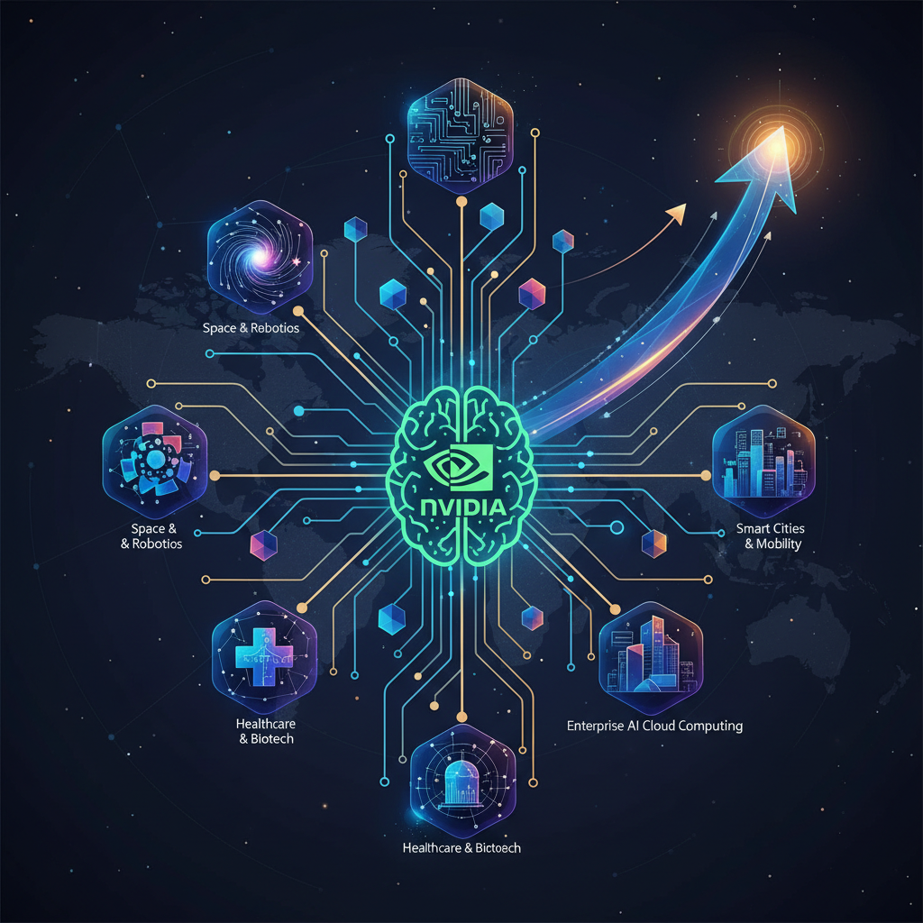 A dynamic infographic illustrating Nvidia's strategic investments in diverse AI startups across different sectors. Visual representation of growth, partnership, and technological advancement. Style: modern infographic, no text.