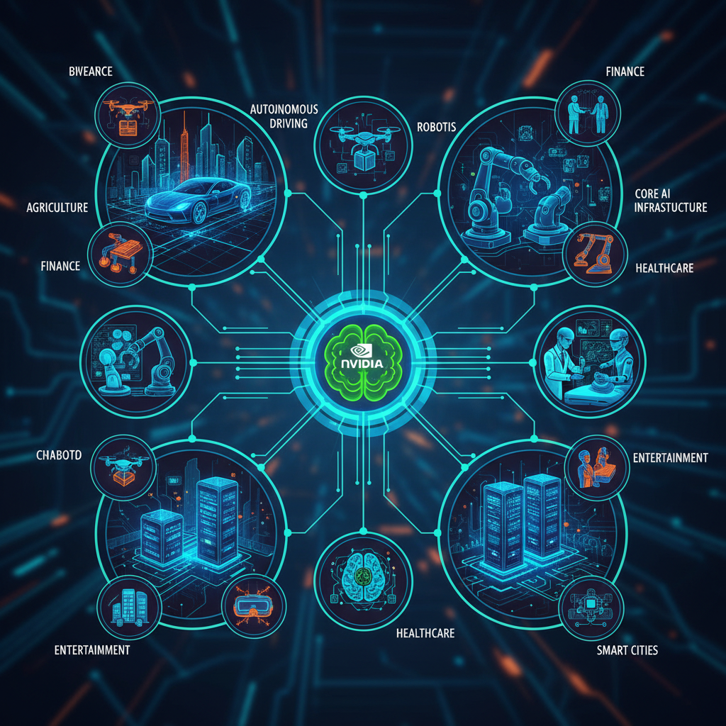A visual summary depicting Nvidia's investments across a wide range of AI industry sectors, including autonomous driving, robotics, healthcare, and core AI infrastructure. Illustrate diversity and strategic reach. Style: modern, vibrant illustration. No text.