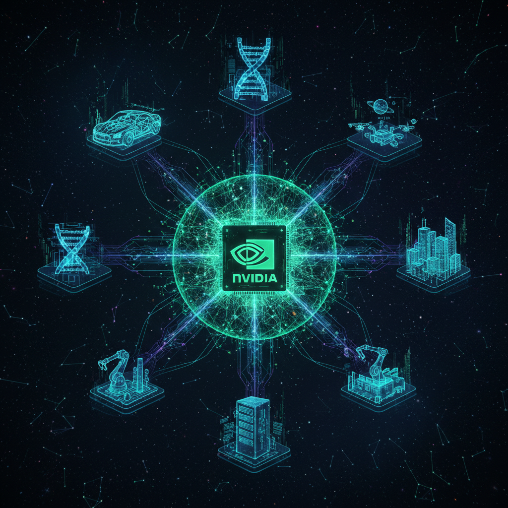 A futuristic image symbolizing the far-reaching impact of Nvidia's AI investment strategy on various industries and the future of technology. Show interconnectedness and innovation. Style: sleek, conceptual digital art. No text.