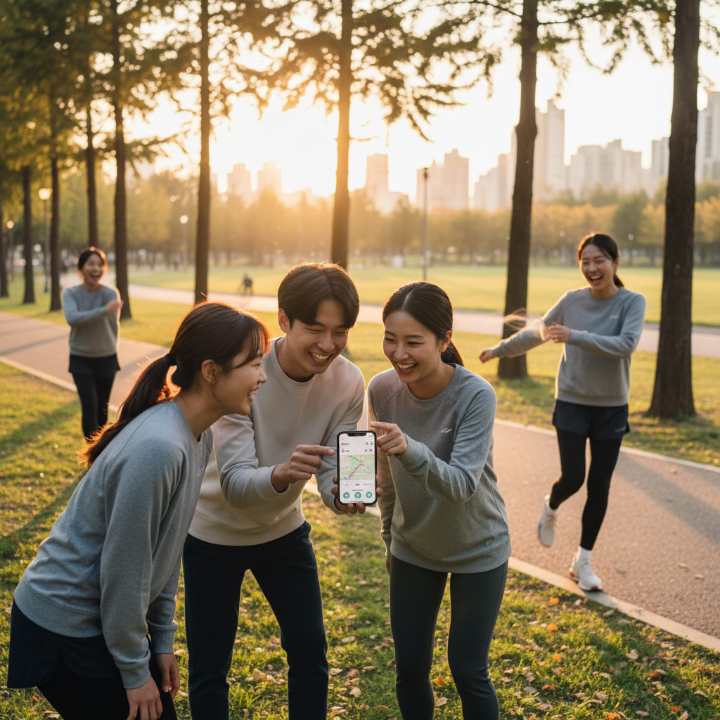 Lifestyle photography of young Korean people (Gen Z) participating in a running club in a city park at sunset, checking their fitness app (Strava-like interface) on a smartphone, smiling and interacting. Emphasize dynamic movement and camaraderie. Natural lighting, no text.
