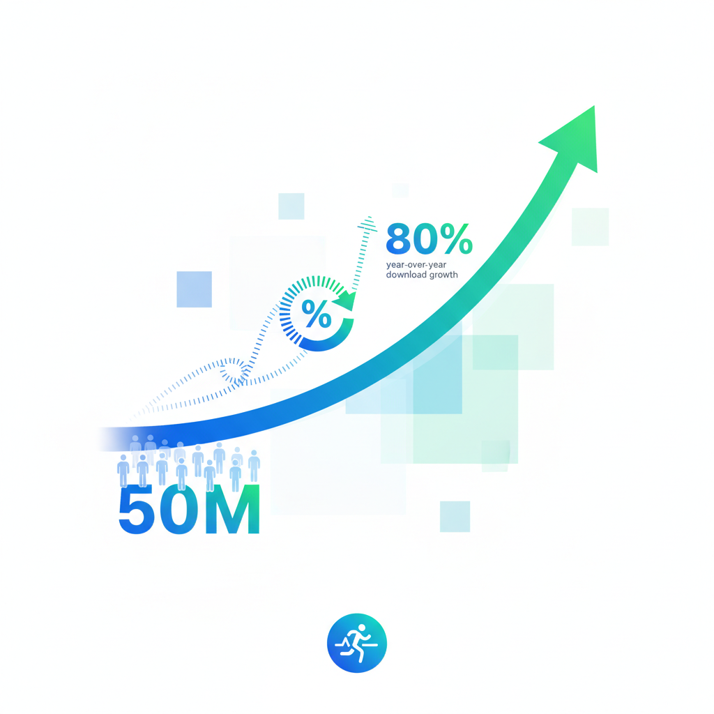 A clean infographic showing a sharp upward trend line representing user growth for a fitness app (Strava). Include numbers like "50 million monthly active users" and "80% year-over-year download growth" subtly integrated as visual cues, without actual text in the image. Focus on data visualization. No text.