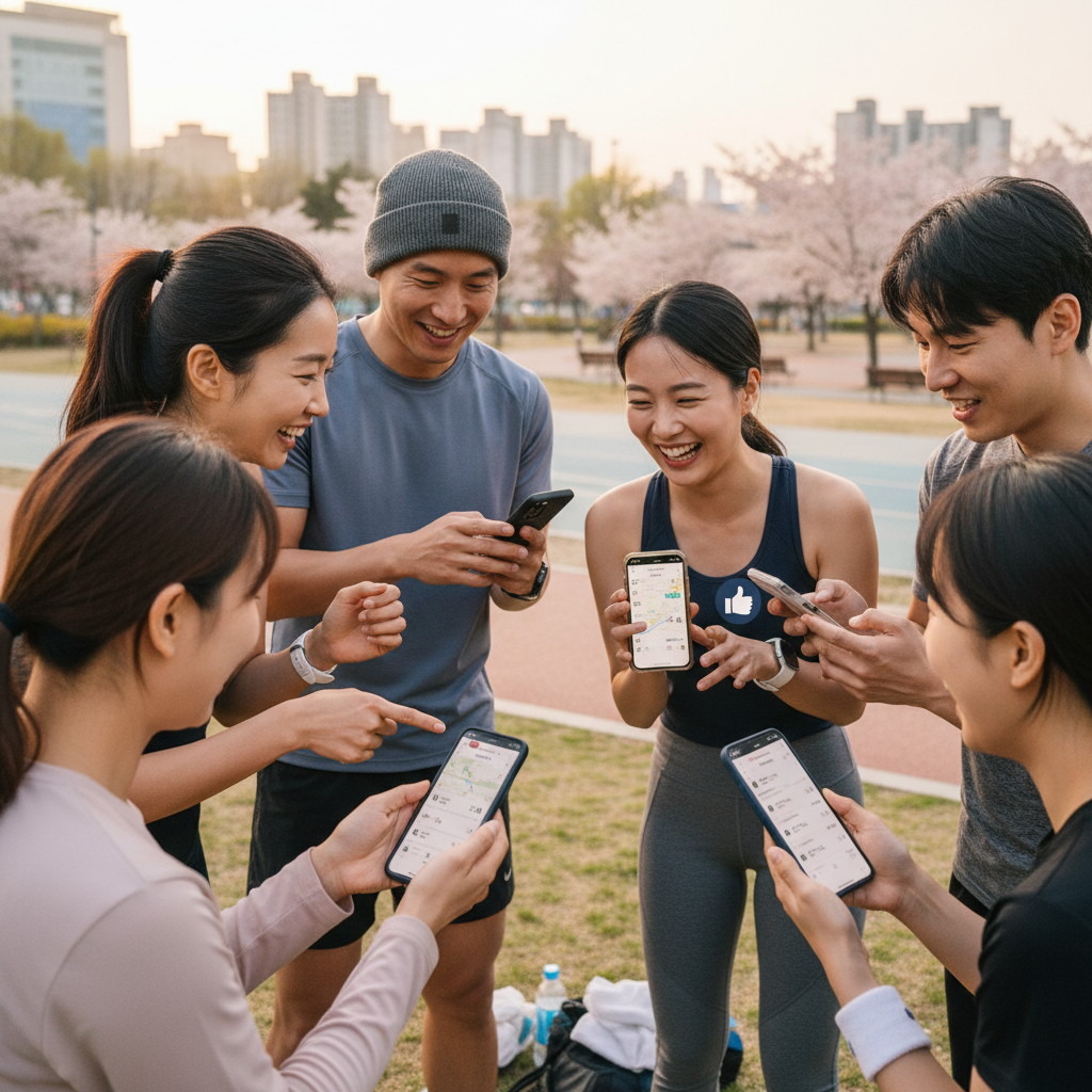 Lifestyle photography showing diverse Korean individuals interacting with a fitness app (Strava-like interface) on their phones after a group run. Show them giving "kudos" or comparing performance, with expressions of achievement and connection. Focus on the social aspects of fitness tracking. Natural light, no text.