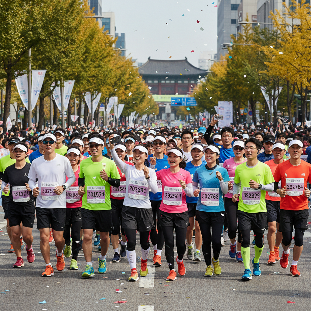 Dynamic lifestyle photography of a large group of diverse Korean runners participating in a marathon event, showing their energy and sense of community. Focus on the joy and social aspect of mass running events. Bright, active atmosphere. No text.