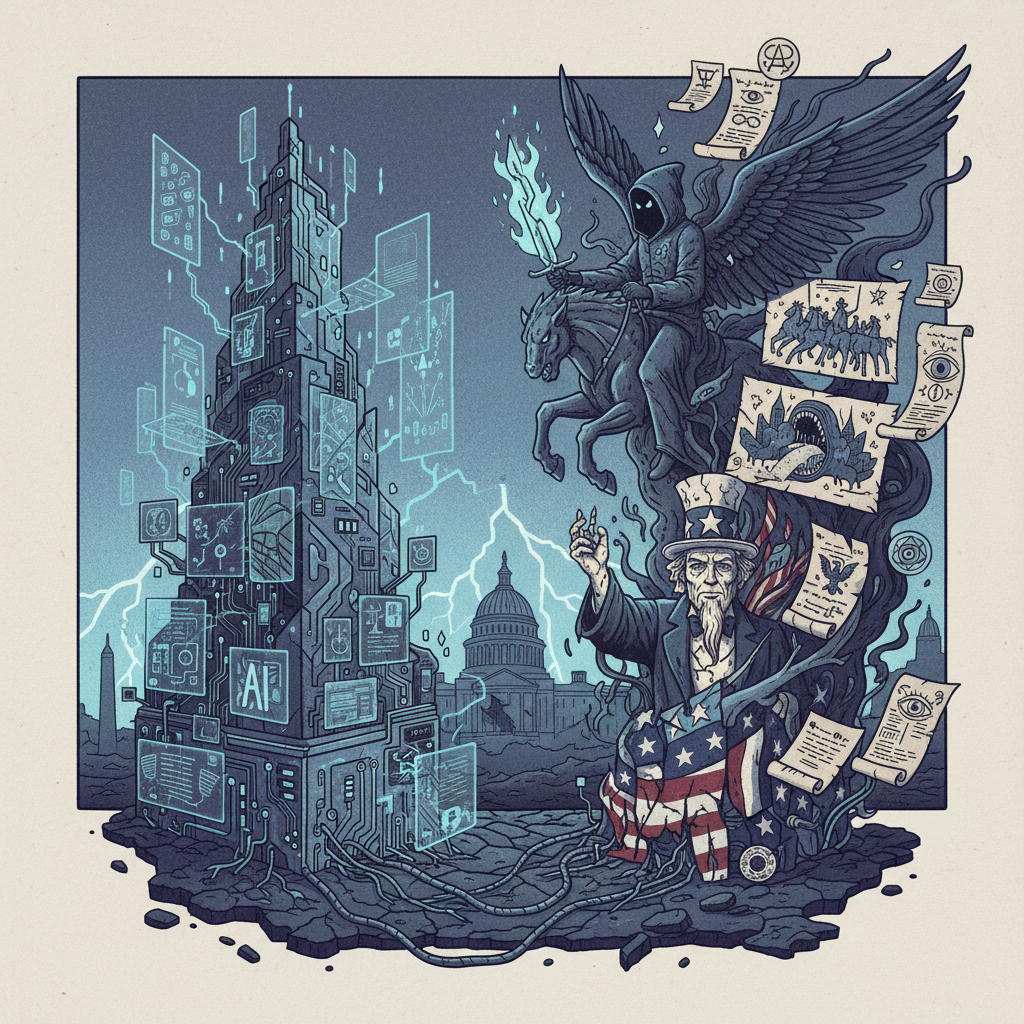 A thought-provoking illustration depicting a clash between futuristic AI technology symbols (like circuit boards, digital patterns) and ancient apocalyptic symbols (like a shadowy figure or biblical imagery), set against a backdrop of American political motifs. The mood is tense and mysterious. illustration. no text.